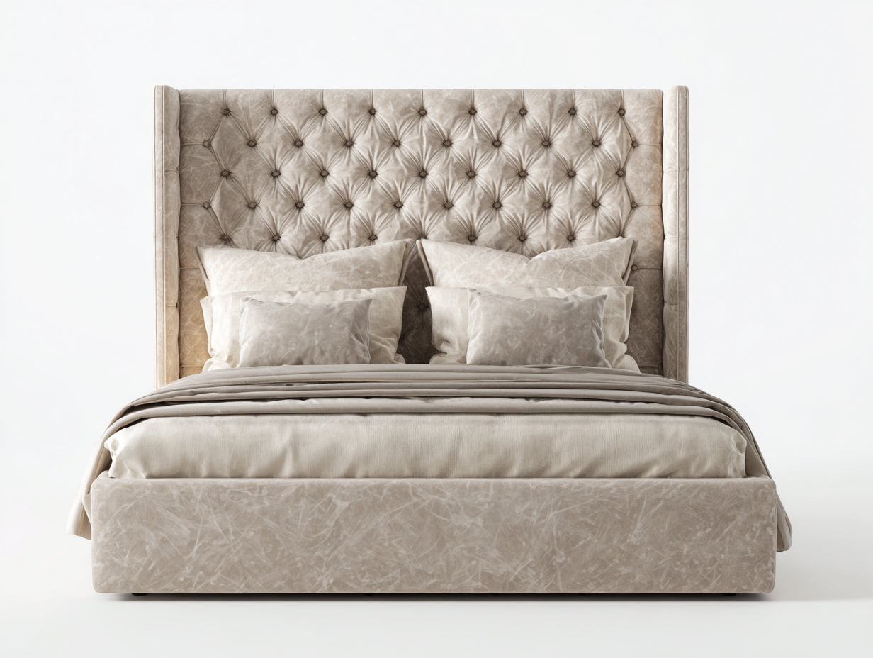 Doppelbett aus Samtstoff 220x198x145 cm - Beige - Gepolstertes Luxusbett