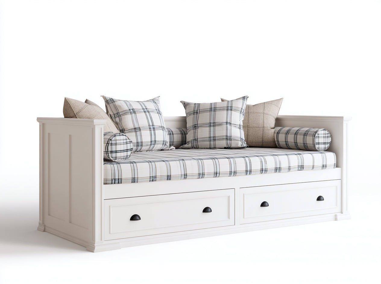 Schlafsofa Holz Stoff mit Stauraum 200x90x85 cm Weiß Blau Beige Landhaus Stil