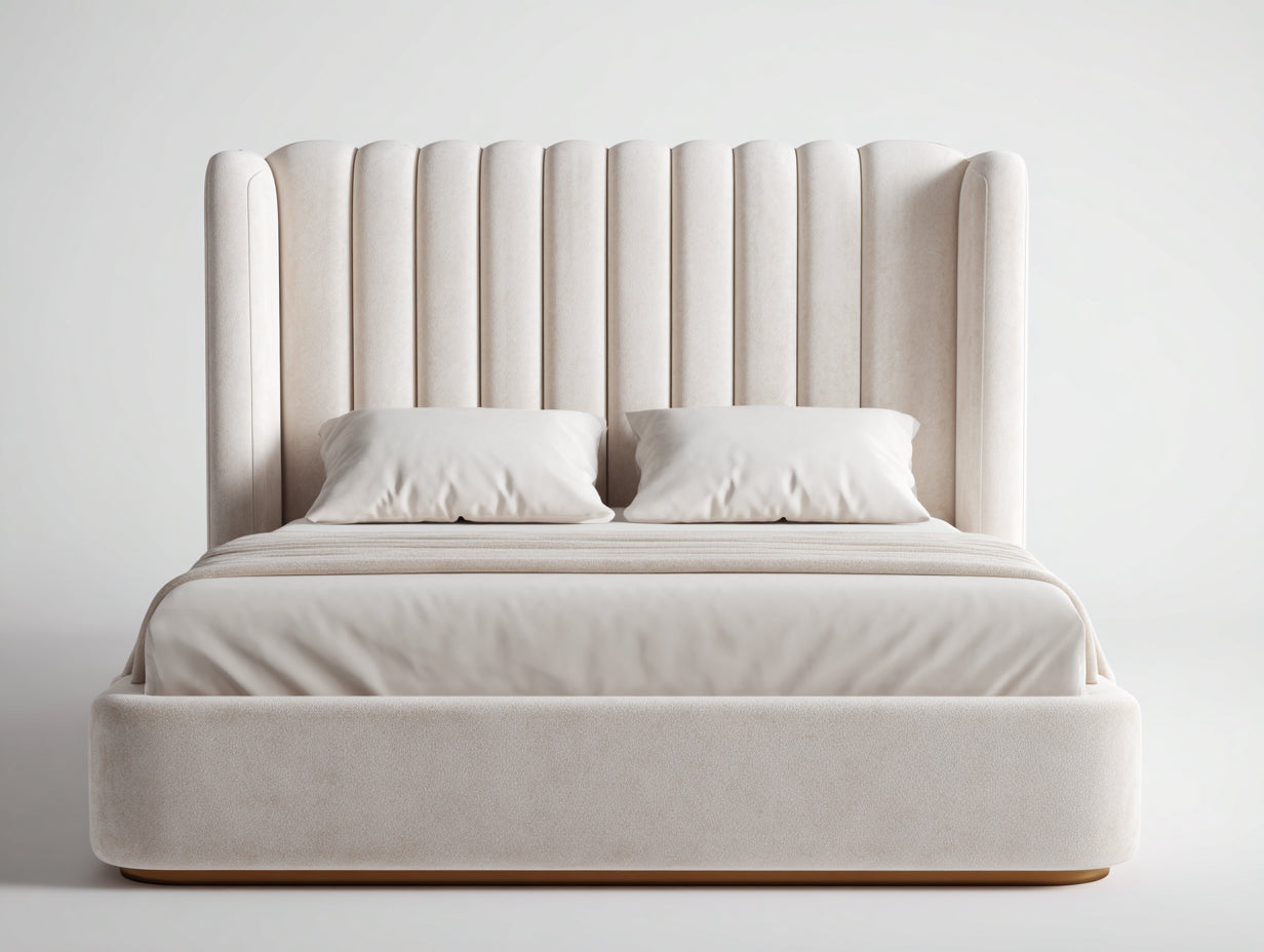 Doppelbett Polsterbett Samt Stoff 210x190x105 cm Beige Schlafzimmer Luxus Design