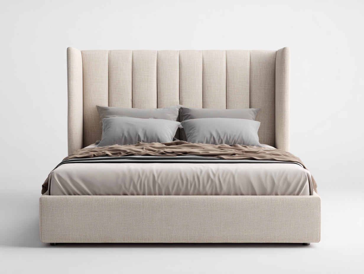 Doppelbett Polsterbett Stoff 200x180x120 cm Beige Modern Gepolstertes Kopfteil Schlafzimmer Design